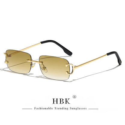 HBK Retro Rimless Sunglasses For Women Men Small Square Gold Frame Brand Design Tea Shades Rectangle UV400 Zonnebril Eyewear