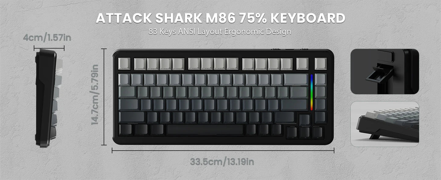 ATTACK SHARK M86 Wireless Mechanical Gaming Keyboard, 75% Gasket Hot Swappable RGB Custom Keyboard, Side Printed PBT Keycaps