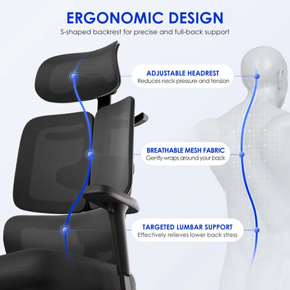 AUTHMIC Ergonomic Office Chair with 6D Adjustable Armrests, 3D Headrest, Lumbar Support, Reclining Mesh Desk Chair 200kg Capacity