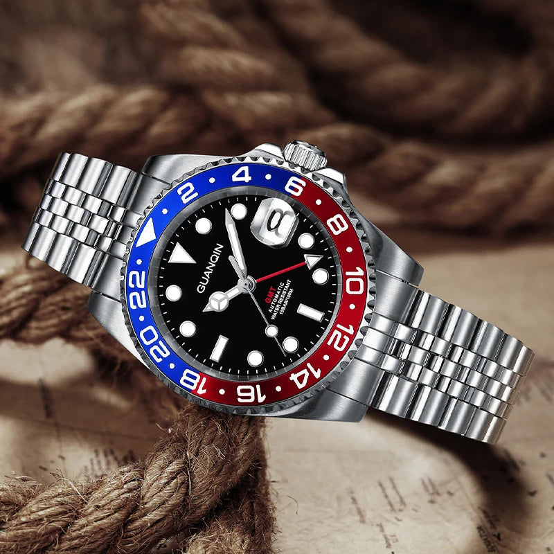 GUANQIN GMT Reloj para hombre 2025 nuevo reloj automático para hombre NH34 reloj mecánico de pulsera con cristal de zafiro y acero inoxidable para mano izquierda