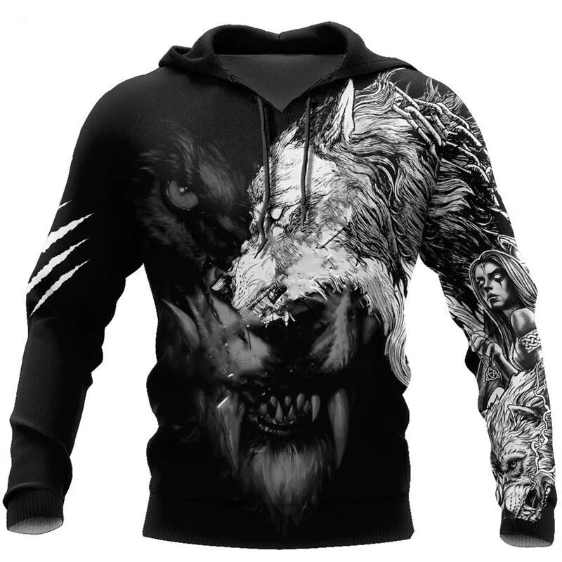 Hoodies de Outono com Leão e Lobo, Pele de Tigre Branco, Impressão 3D Integral, Sweatshirt de Homem Unissexo com Fecho, Casaco Casual de Pulôver