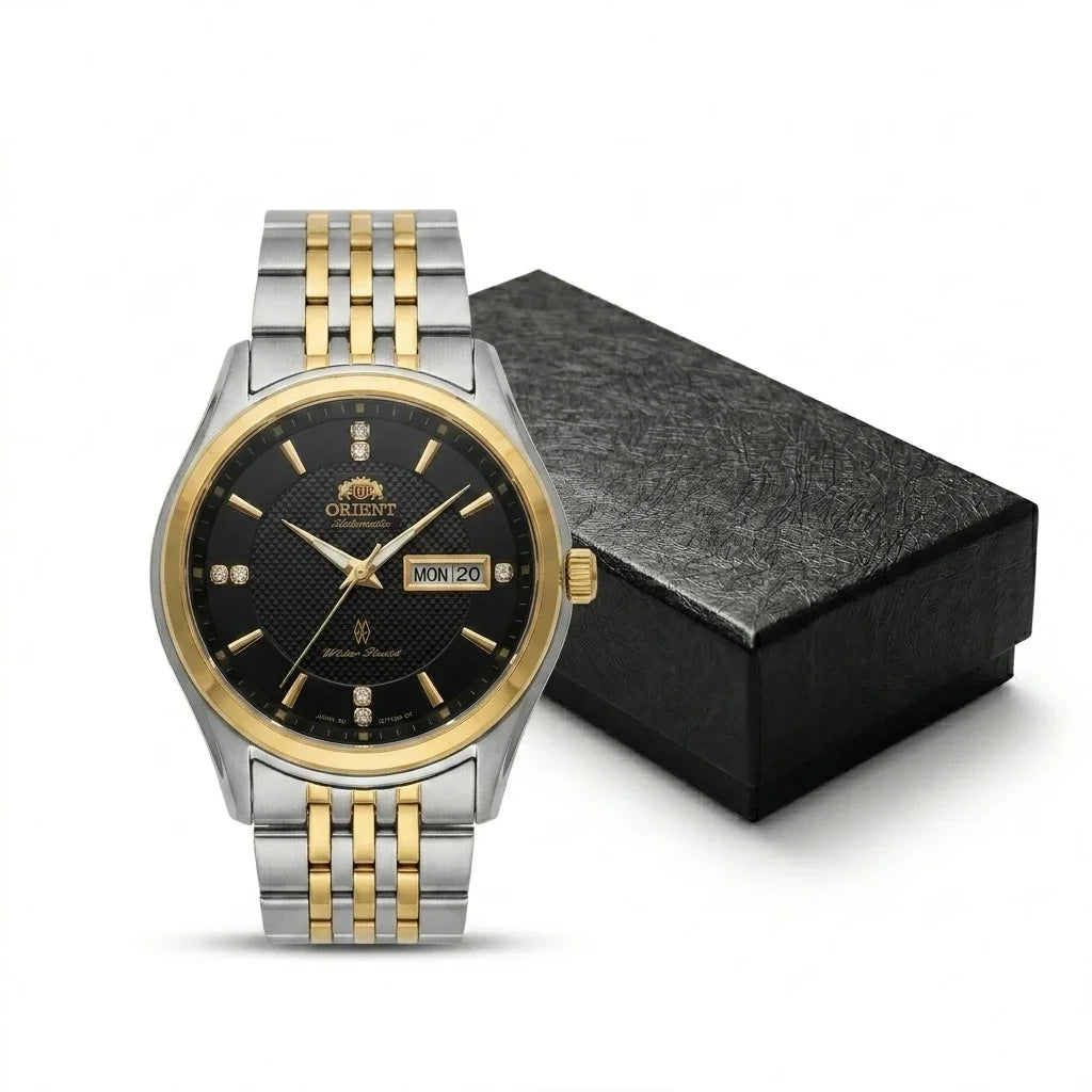 Mechanische Automatikuhr für Herren von Orient mit Doppelkalender (Datum und Wochentag), Kristallindexen und Edelstahlarmband – Armbanduhr im Business-Stil