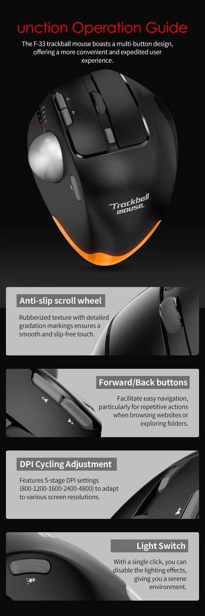 Lefon F33 Bluetooth Ergonomic Trackball Mouse, Rechargeable Wireless Trackball Mouse with Bluetooth & 2.4G, 4800 DPI Ergonomic Rollerball Mouse for PC, Office & Drawing