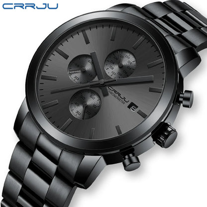 Montre pour homme CRRJU – Chronographe en acier inoxydable, étanche, avec affichage de la date, mouvement à quartz analogique, style élégant et professionnel