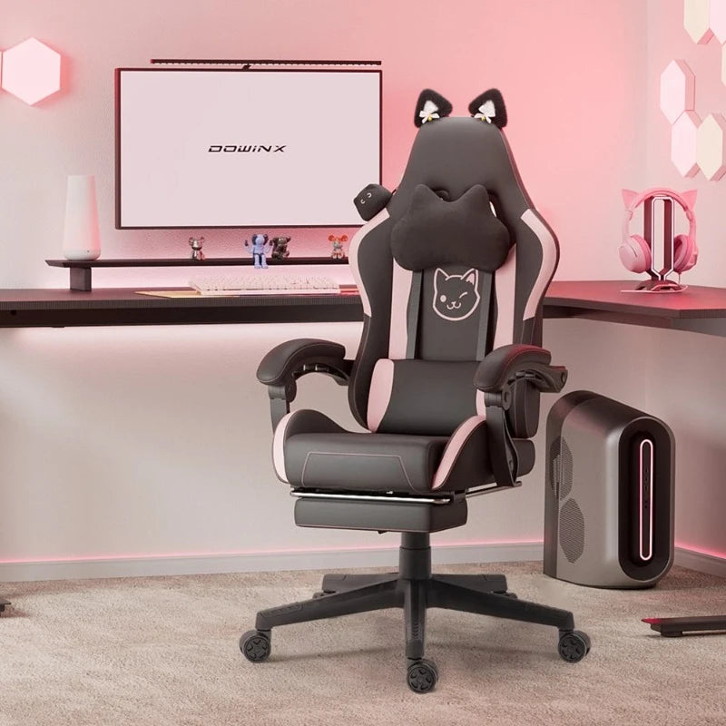 Cadeira Gaming Kawaii Cor-de-Rosa com Orelhas de Gato, Apoio para os Pés, Encosto Alto Ergonómico e Apoio Lombar com Pata de Gato