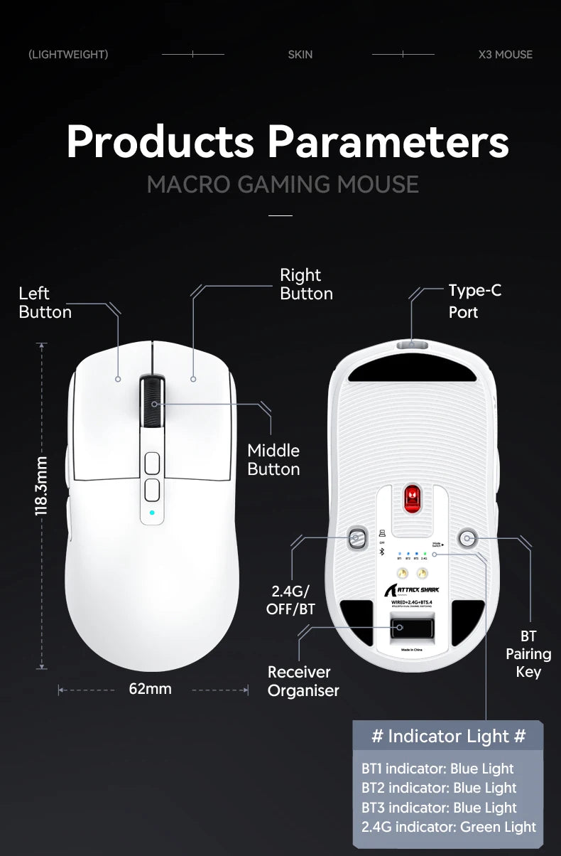 ATTACK SHARK X6 Tri-Mode Gaming Mouse with Magnetic Charging Dock, PixArt PAW3395 Sensor, 26K DPI, 49g Ultralight Wireless Gaming Mouse for PC & Mac