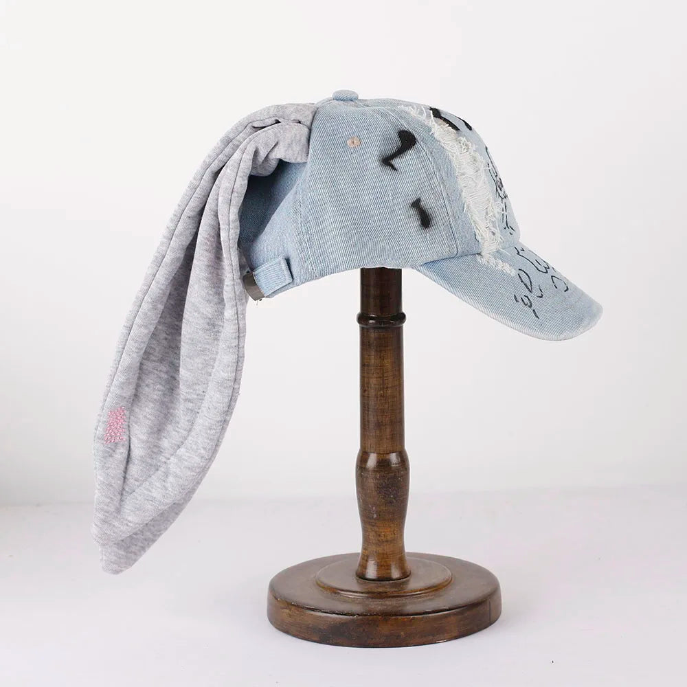 New MinJi Haerin OMG Stage Long Rabbit Ear Hat Y2K Style Denim Blue Baseball Cap Fashion Hip-Pop Cap Couple Birthday Gifts