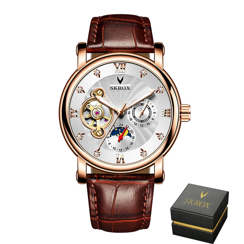 Reloj mecánico automático de lujo para hombre, de una marca de prestigio, con tourbillon, fase lunar y diamantes: un elegante reloj de pulsera.