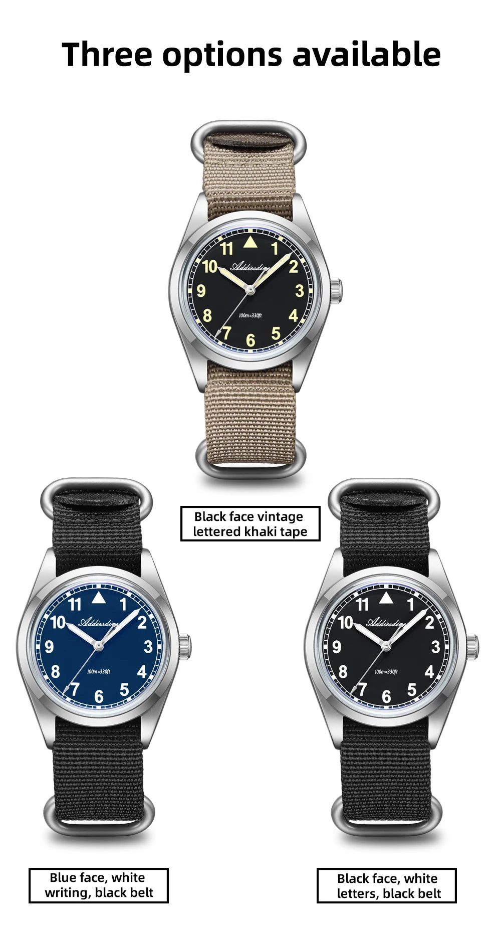 Relógio analógico masculino ADDIESDIVE 36mm com vidro espelhado bolha, 100m à prova de água, luminoso, simples, em quartzo, com bracelete em nylon