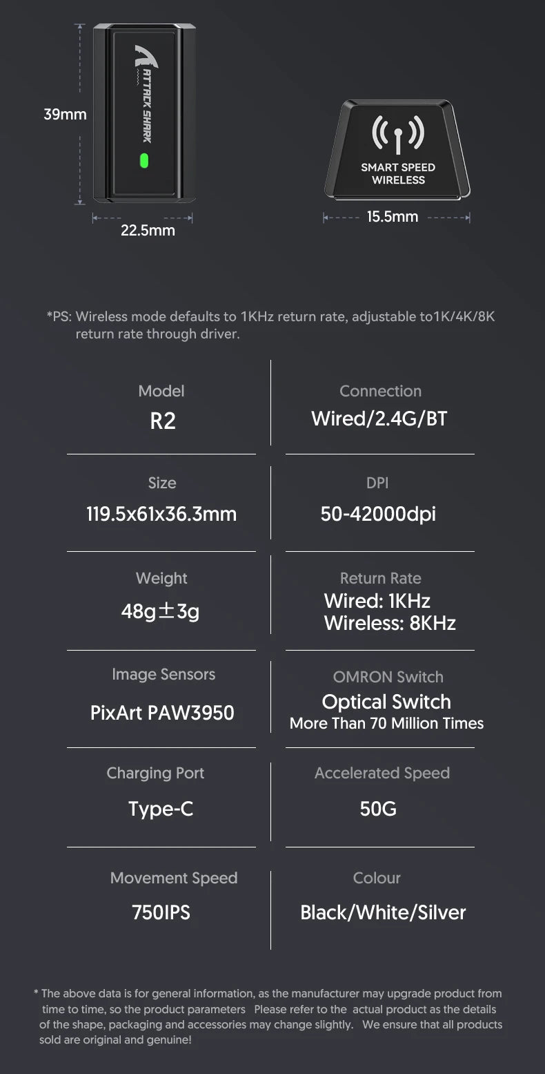 Attack Shark R2 Gaming Wireless Mouse PAW3950 8K Magnesium Alloy Lightweight Gaming Mouse Bluetooth Tri-Mode for Gaming/Office
