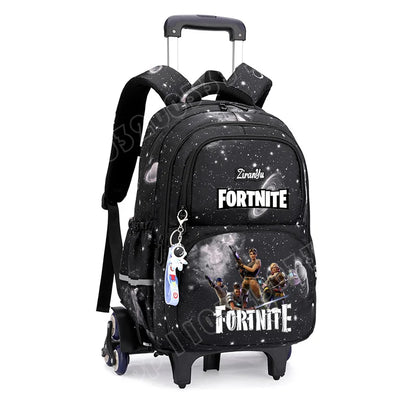 Mochila com Rodas Fortnite Anime, Impermeável, de Grande Capacidade, para Estudante — Saco Escolar Casual de Viagem com Carrinho e Subida Fácil de Escadas