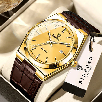 Montre-bracelet à quartz de luxe BINBOND pour homme – Étanche, lumineuse, avec date automatique – Style professionnel, sportif, tendance et décontracté – Bracelet en cuir