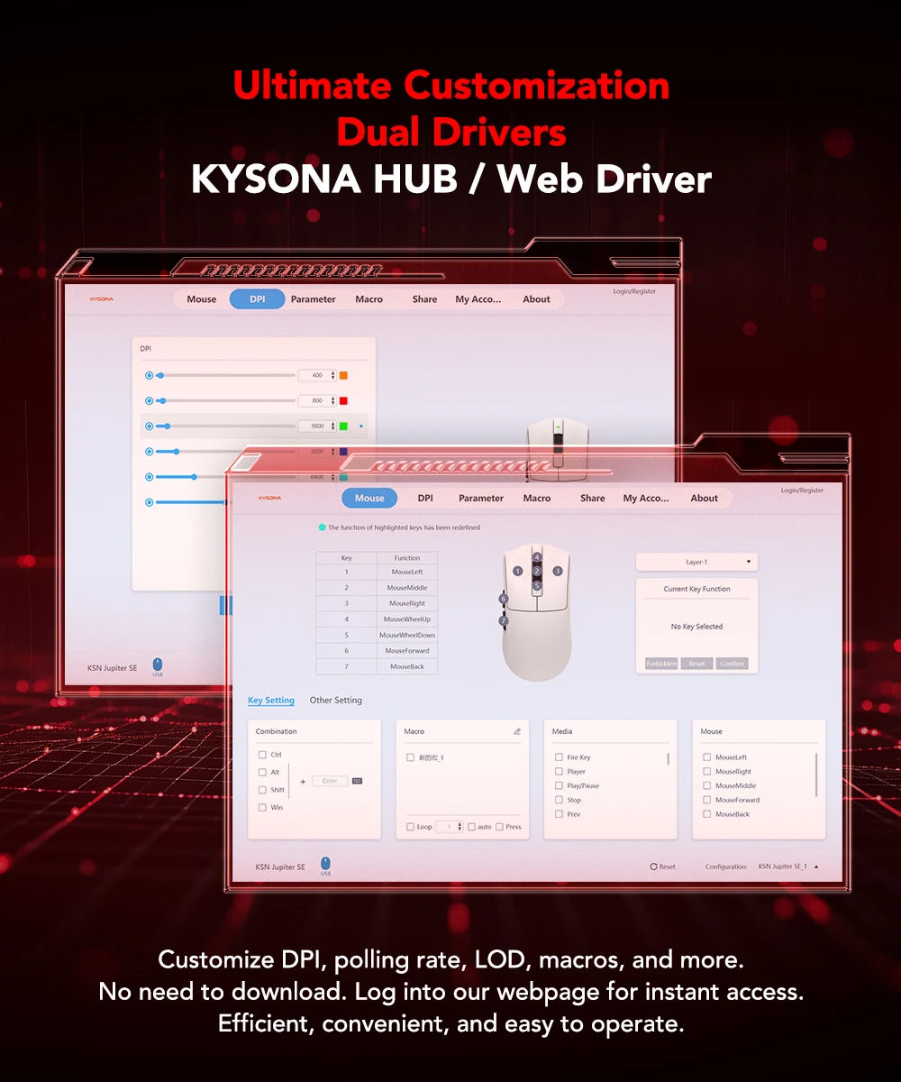 Ratón gaming KYSONA serie Jupiter con cable e inalámbrico, 8Khz, sensor PAW3950, Bluetooth, 46g, recargable, controlador web para PC y portátil
