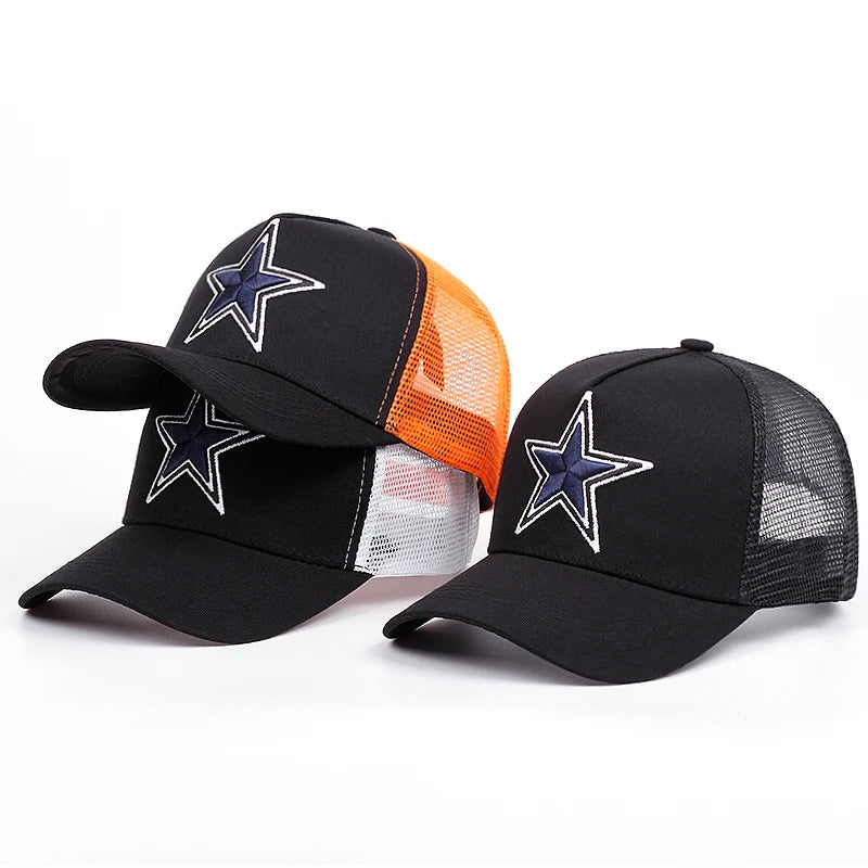 Simbolo semplice: stella a cinque punte. Ricamo. Cappellino da baseball da esterno. Traspirabilità estiva. Cappellino hip hop in rete. Cappellino da camionista.