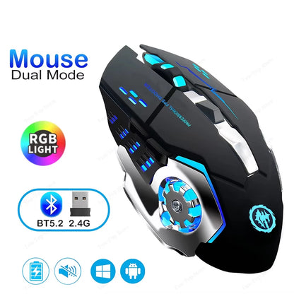 KEBIDUMEI Dual-Mode Bluetooth 5.2-mus 2.4G trådlös mus RGB-gamingmus uppladdningsbar tyst mus 3600 DPI möss för bärbar dator