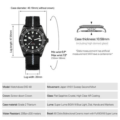 Watchdives EXD 40Mm Titanium Dive Watch Men's VH31 Sweep Quartz Watches 200 Waterproof AR Sapphire BGW9 Luminous 316L Wristwatch