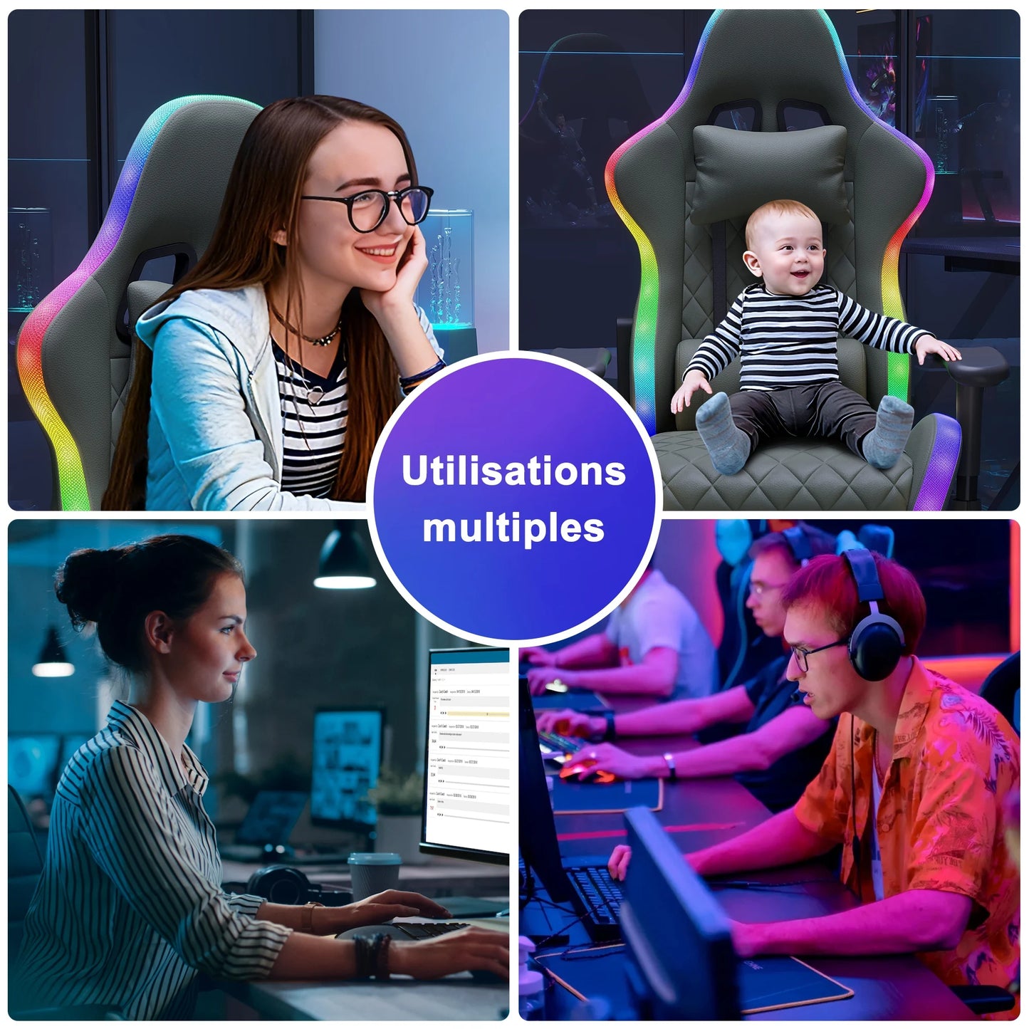 Ergonomic Office Chair with Lumbar Massage, RGB LED Lighting, Reclining Backrest, Adjustable Armrests & Executive Gaming Chair for Home Office