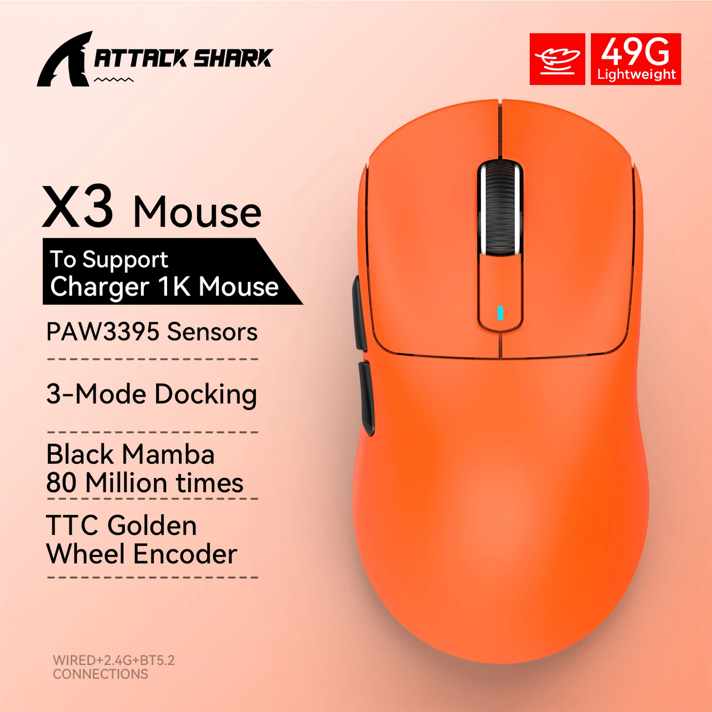 Bezdrátová herní myš X3 ATTACK SHARK v červené barvě, 4K návratnost, Bluetooth tri-mode připojení, PAW3395, makro Bluetooth herní myš