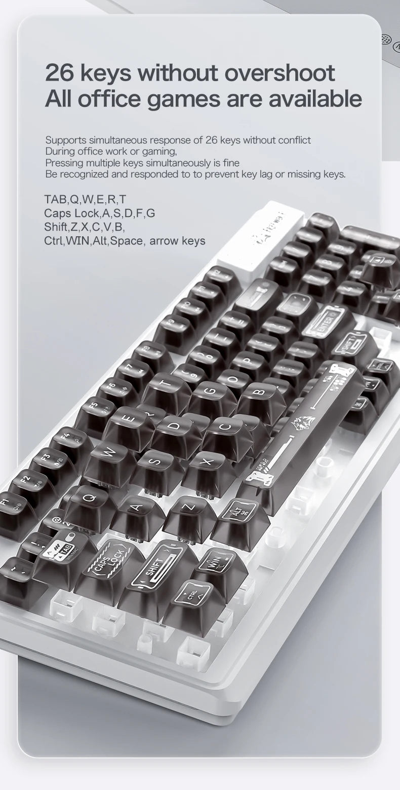 Teclado com fios FREEWOLF M95 com design transparente RGB, ideal para gaming, trabalho de escritório e vários outros cenários