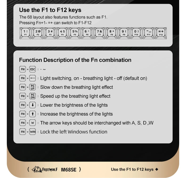 FREEWOLF M68SE tastiera mini cablata a 68 tasti, retroilluminazione RGB, Type-C, layout 68%, compatta, per gaming, ufficio, PC e laptop