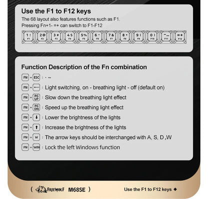 FREEWOLF M68SE tastiera mini cablata a 68 tasti, retroilluminazione RGB, Type-C, layout 68%, compatta, per gaming, ufficio, PC e laptop