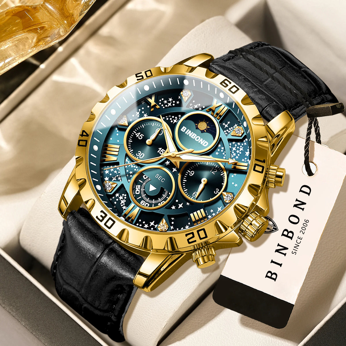 Authentic and accurate BINBOND quartz wristwatch for men, a luxury, water-resistant chronograph with a luminous display and leather strap.