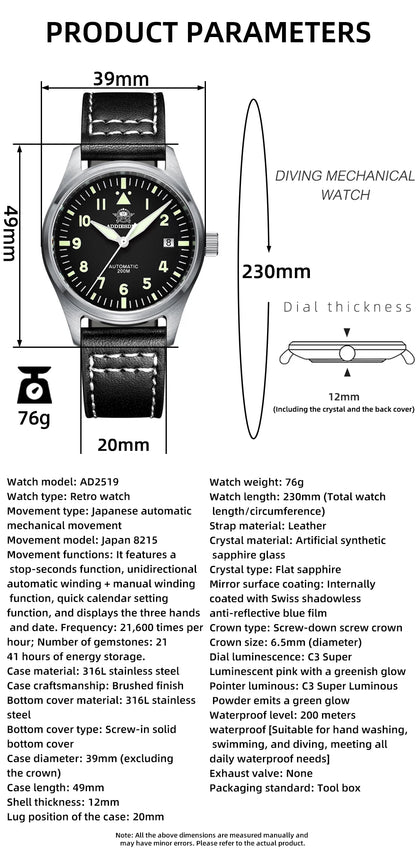 ADDIESDIVE Watches For Men C3 Super Luminous 200m Waterproof Japan 8215 316L Stainless Automatic Mechanical Watch