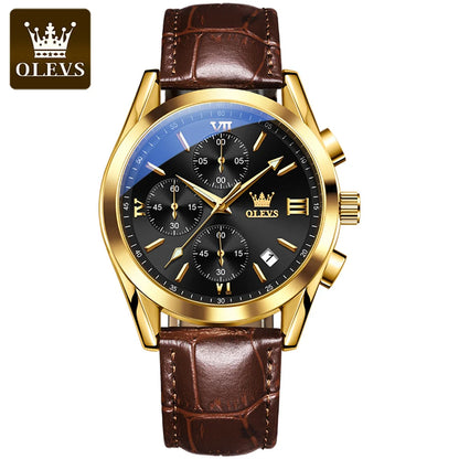 OLEVS 2872 kronografarmbandsur för män – Läderarmband, vattentätt, självlysande visare, kvartsverk, lyxig sportstil