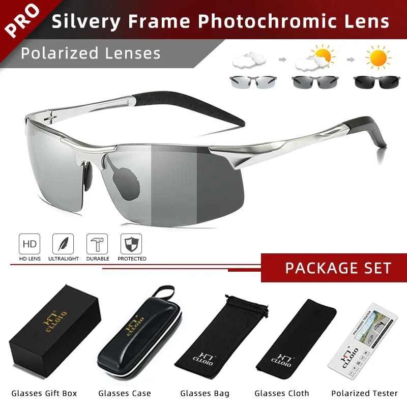 CLLOIO Aluminum Rimless Photochromic Sunglasses Men Polarized Driving Chameleon Anti-Glare Glasses Travel Fishing Goggle UV400