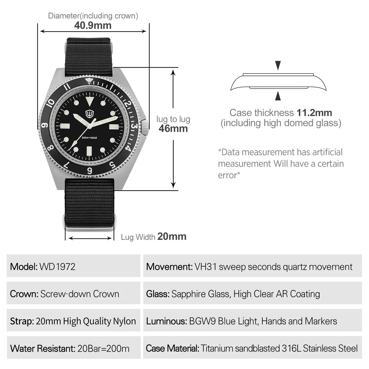Watchdives WD1972 Quartz Watch VH31 Sweep Seconds Movement Sapphire Crystal BGW9 Luminous 20Bar Waterproof Vintage Men's Watches