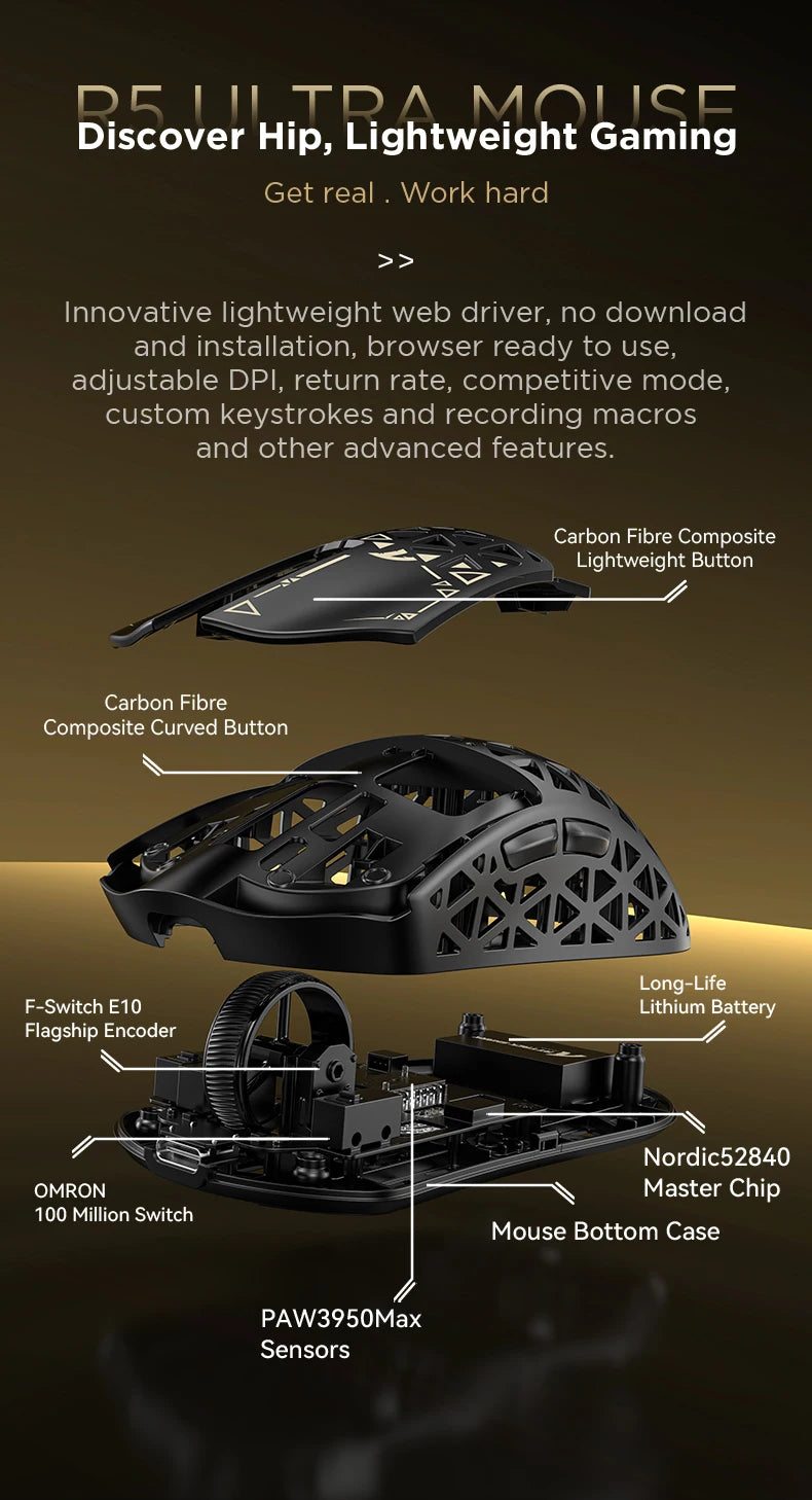 ATTACK SHARK R5 Tri-mode Ultra Wireless Gaming Mouse Carbon Fiber 8K, PAW3950MAX, 8000Hz Wireless Polling Rate, DPI up to 42000