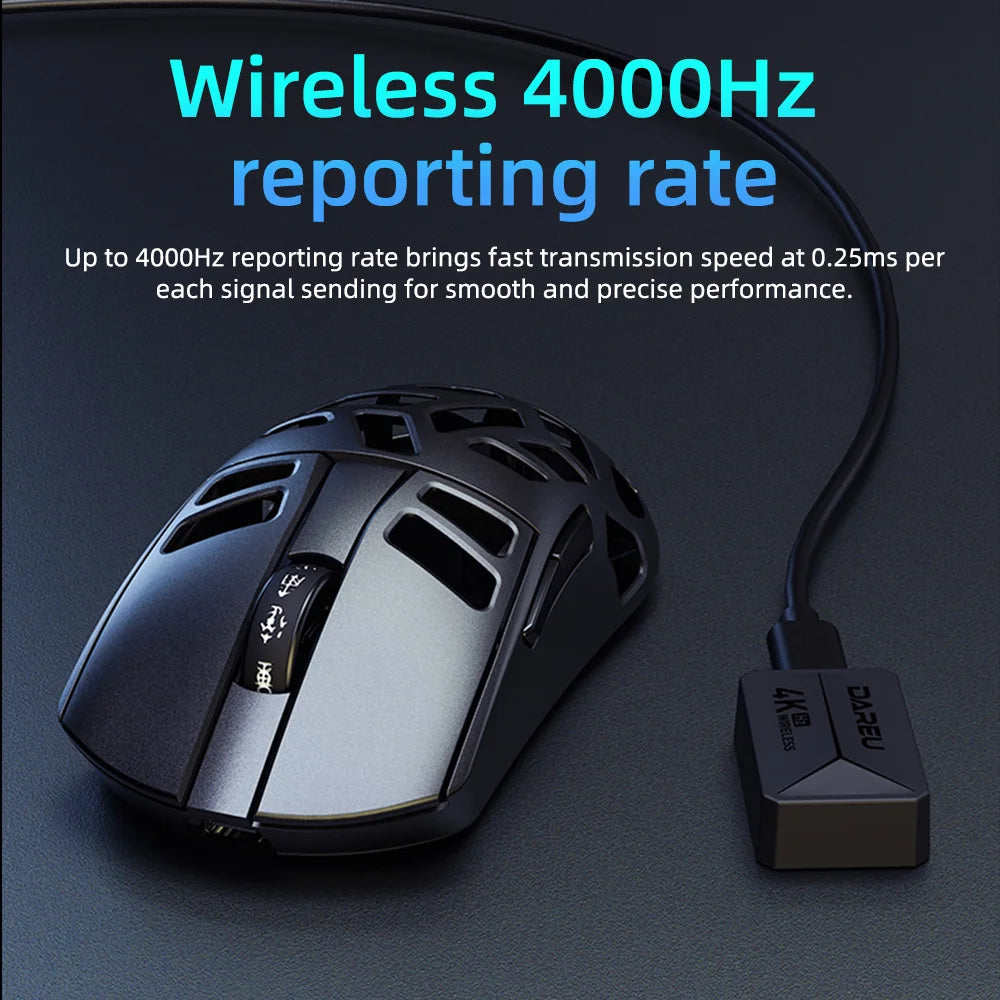 Mouse da gaming wireless DAREU Al-mg Tri-mode 8Khz PBT con ricarica rapida, PAW3950, 30000 DPI, leggero, per PC gamer