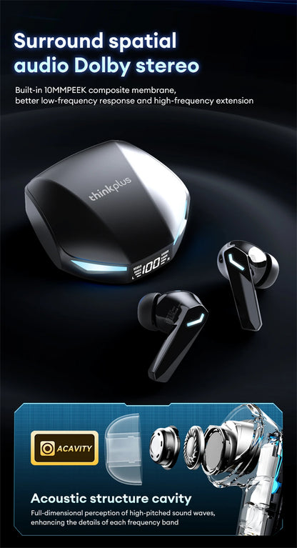 Lenovo XT53 Wireless Bluetooth 5.4 Gaming Earbuds – LED Display, Waterproof Noise Isolating Earphones with Low Latency & Microphone