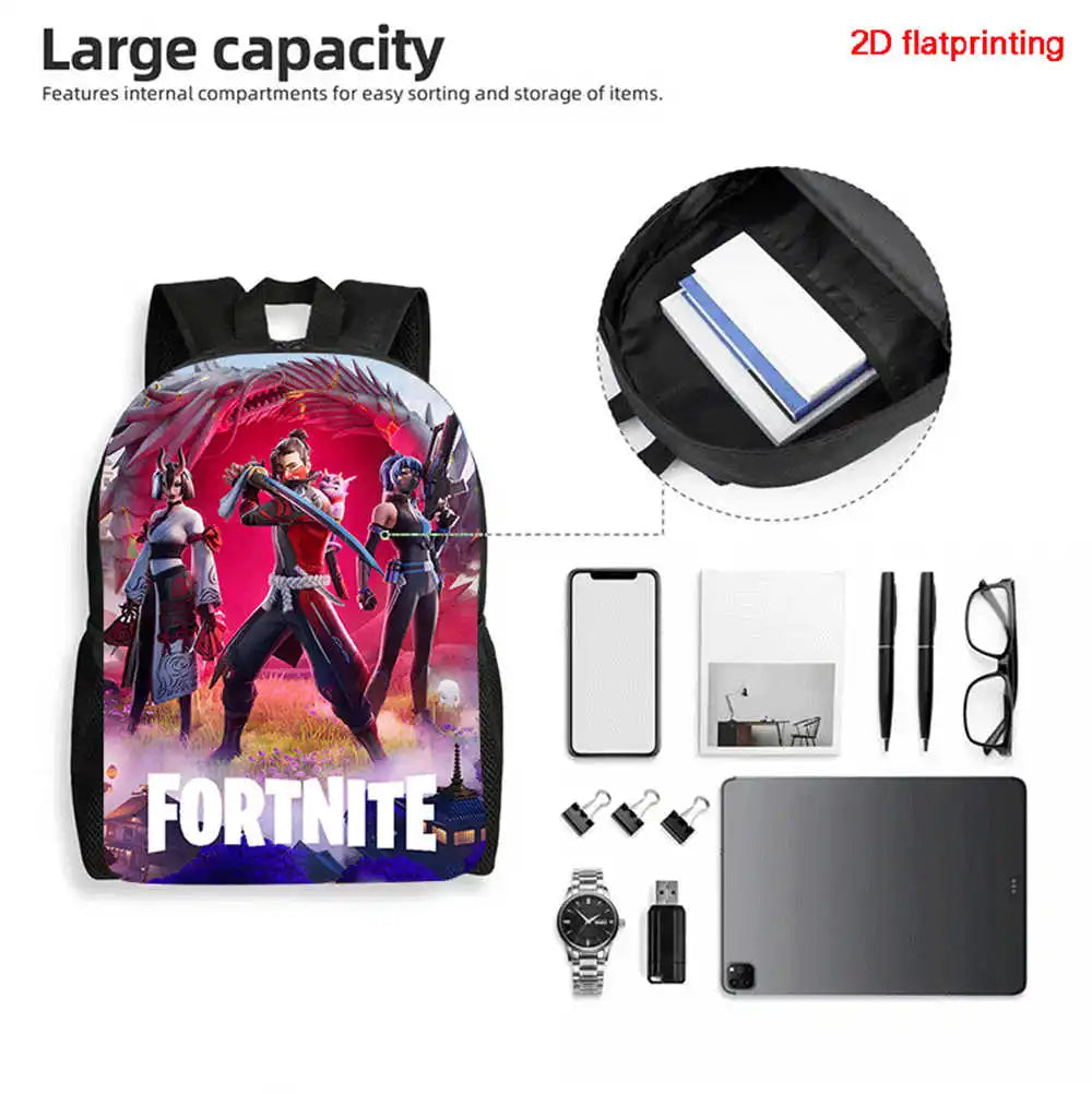 Set Fortnite Cartoon de 3 piezas, gran capacidad, adecuado para niños y niñas de 5 a 8 años, incluye mochila, bolsa para comida y estuche para lápices