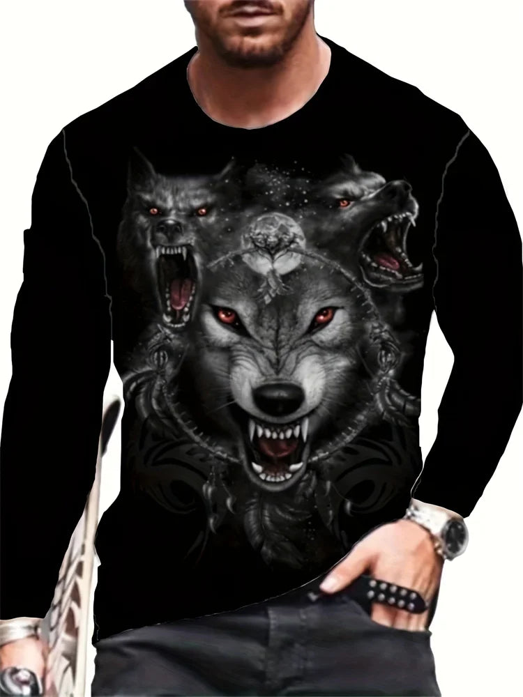 2024 Neues Herren-Langarmshirt mit Wolf-Print – lässiges Herren-Shirt für Frühling und Herbst, Street-Fashion-Langarmshirt