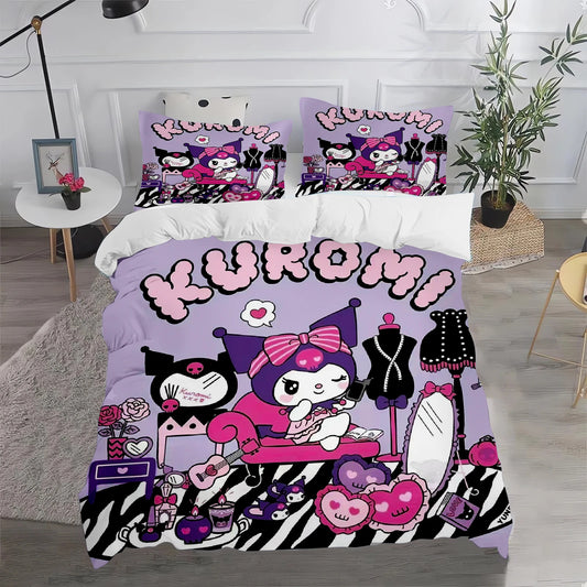 Conjunto de Capa de Edredão e Fronha Kuromi Fofo para Cama, Decoração de Quarto para Adulto, Rapaz e Rapariga, Presente para Crianças, Tamanho Individual, Duplo e Grande