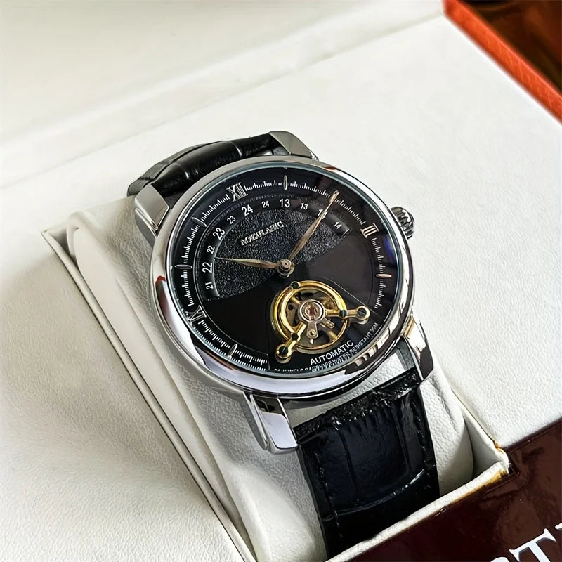 Automatisch mechanisch herenhorloge – Elegant opengewerkt ontwerp, trendy ‘business casual’-stijl, behuizing van legering en leren band, zonder batterij
