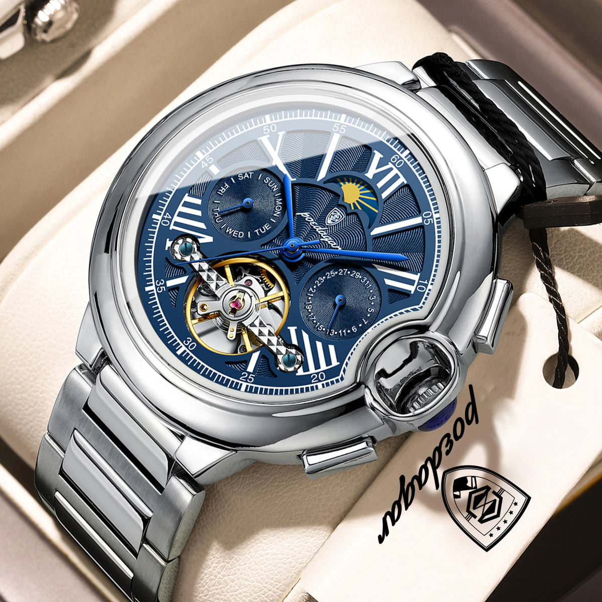 POEDAGAR Luxus-Herrenuhr – Mechanisches Automatikmodell mit Datums- und Wochentagsanzeige, Lederarmband, Tourbillon, wasserdicht, eleganter und professioneller Stil.