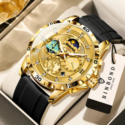 Luxe BINBOND-kwartshorloges voor heren, verlicht, waterdicht, chronograaf met automatische datum, zakelijke, sportieve en casual stijl