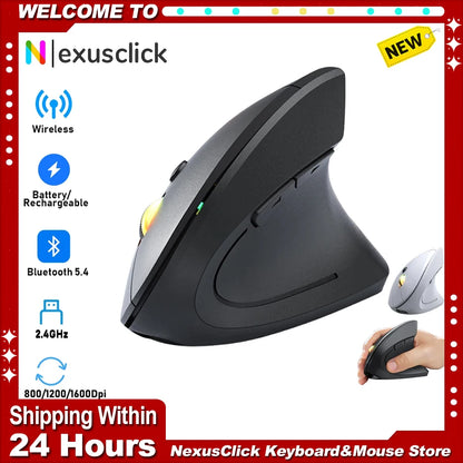 2.4G Bluetooth kabellose vertikale Maus, wiederaufladbar, ergonomisch, 1600DPI einstellbare Gaming-Maus mit 6 Tasten für Laptop, PC und Computer