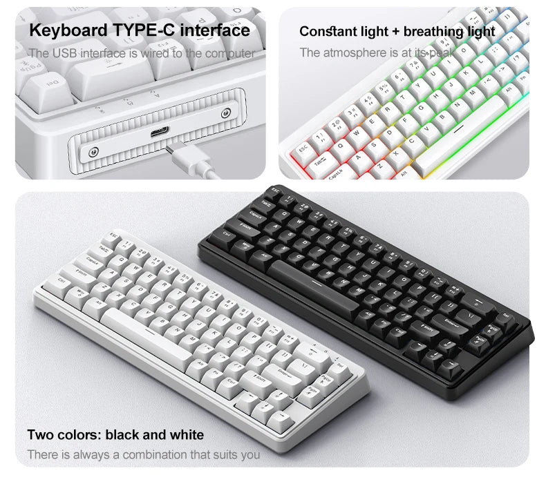 FREEWOLF M68SE tastiera mini cablata a 68 tasti, retroilluminazione RGB, Type-C, layout 68%, compatta, per gaming, ufficio, PC e laptop
