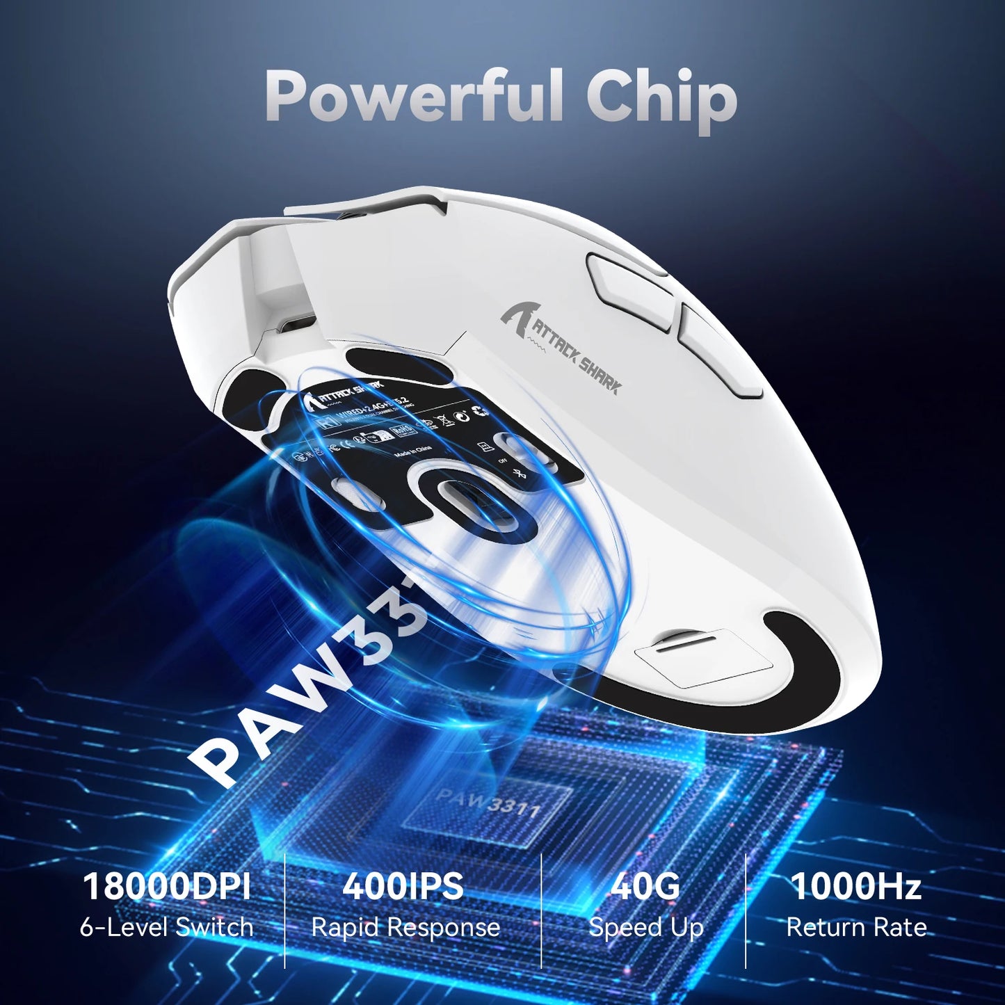 ATTACK SHARK R1 trijų režimų žaidimų pelė, PixArt PAW3311 jutiklis, 18000 DPI, 1000hz, itin lengva 59g, didelėms rankoms, skirta PC/Mac
