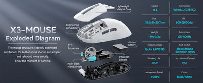 Ratón gaming inalámbrico ATTACK SHARK X3, ratón ergonómico para PC de 49g, tres modos, sensor óptico PAW3395 de 26K DPI, botones programables