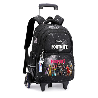 Mochila com Rodas Fortnite Anime, Impermeável, de Grande Capacidade, para Estudante — Saco Escolar Casual de Viagem com Carrinho e Subida Fácil de Escadas