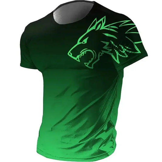 T-shirts de desporto para homem 2024 Verão — T-shirt masculina vintage 3D com estampado em gradiente de lobo, de secagem rápida e manga curta