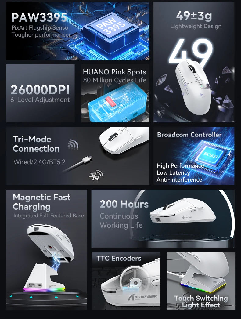ATTACK SHARK X6 Tri-Mode Gaming Mouse with Magnetic Charging Dock, PixArt PAW3395 Sensor, 26K DPI, 49g Ultralight Wireless Gaming Mouse for PC & Mac