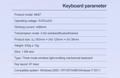Teclado mecánico inalámbrico Bluetooth SMAILWOLF MK87 para gaming e-sports, teclas completas, hot-swap, teclado personalizable