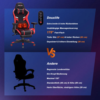 GC-RC03 Ergonomic Gaming Chair with Massage & Heating, 175° Reclining Computer Chair, Lumbar Support Office Chair with Footrest