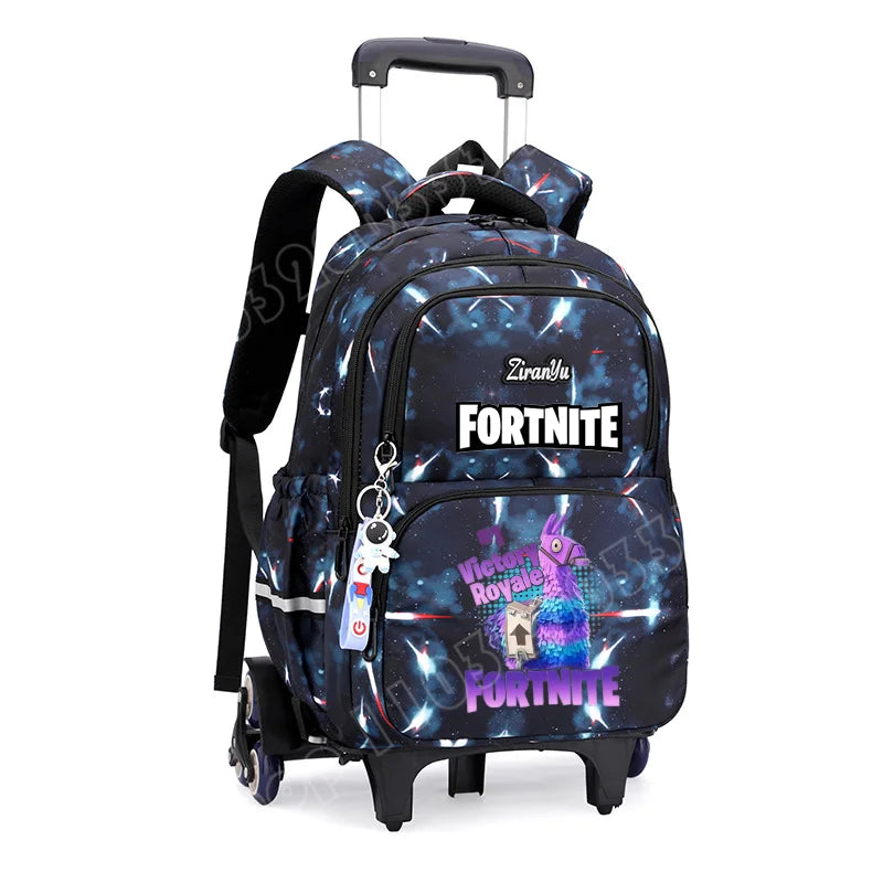 Mochila com Rodas Fortnite Anime, Impermeável, de Grande Capacidade, para Estudante — Saco Escolar Casual de Viagem com Carrinho e Subida Fácil de Escadas