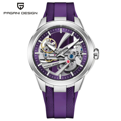 Herrklocka från PAGANI DESIGN – Mekanisk automatisk lyxmodell av typen ”skelett” (öppen mekanism), utrustad med en tourbillon, safirglas med antireflexbehandling, vattentät och självlysande.
